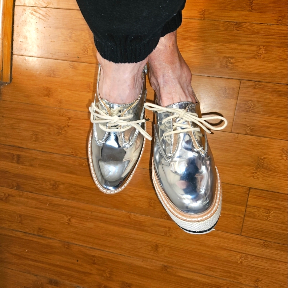 Zara Silver Metallic Platform Lace-Up Shoes with Cream Laces